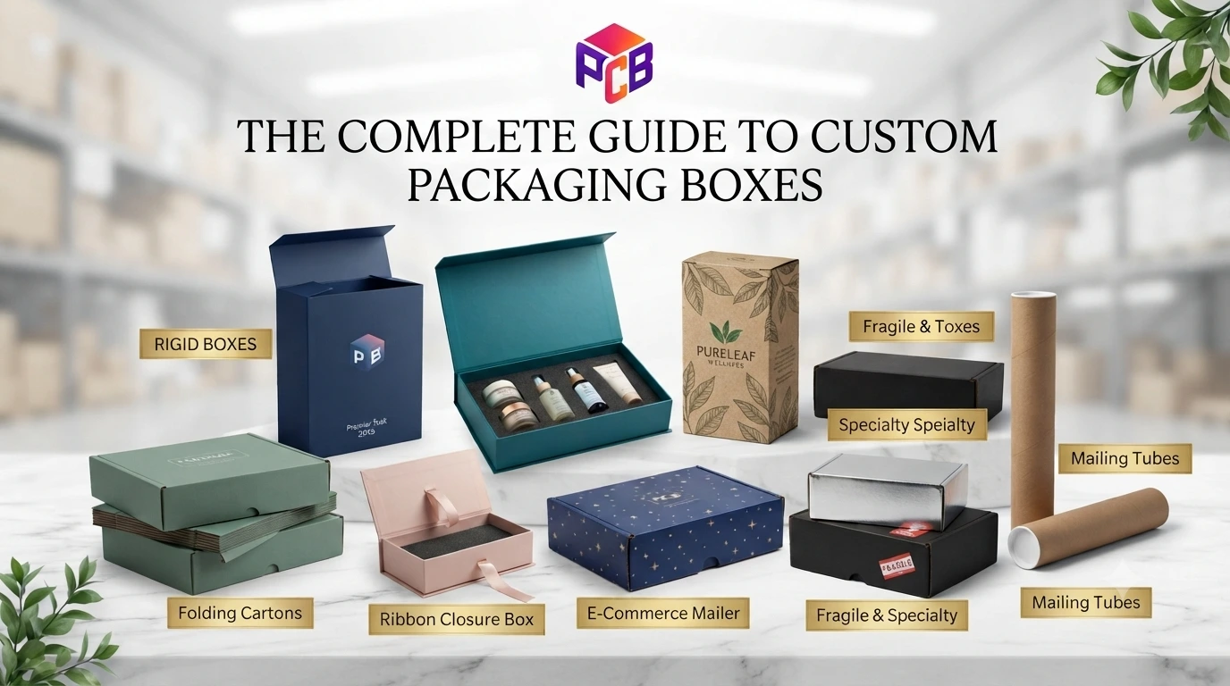 Various types of premium custom packaging boxes including rigid boxes, folding cartons, and mailers by Prime Custom Boxes