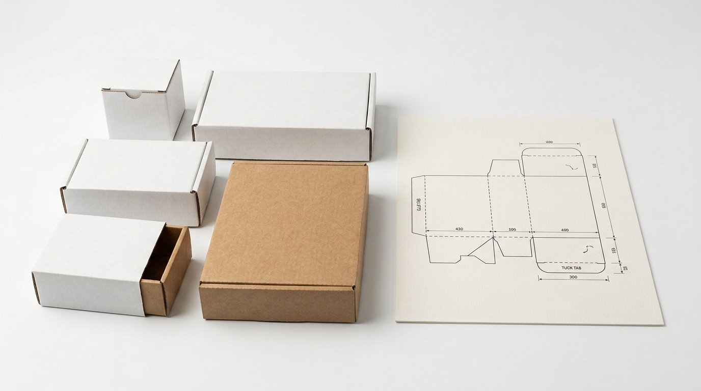 Mailer and folding carton samples next to a box dieline