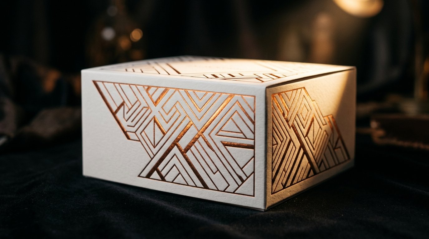 Custom box design with geometric print on a rigid box