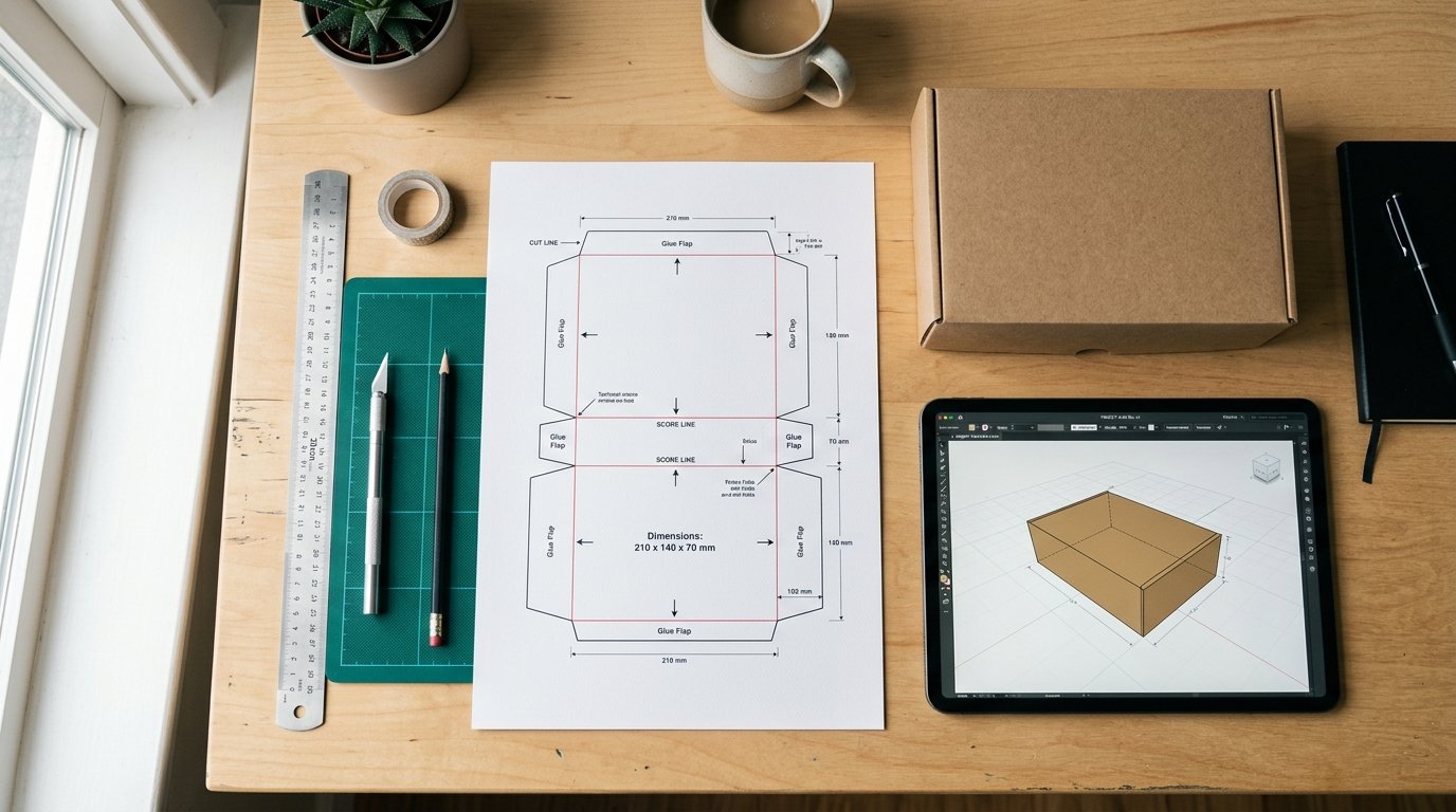 How to design a custom box: dieline and 3D mockup on a desk