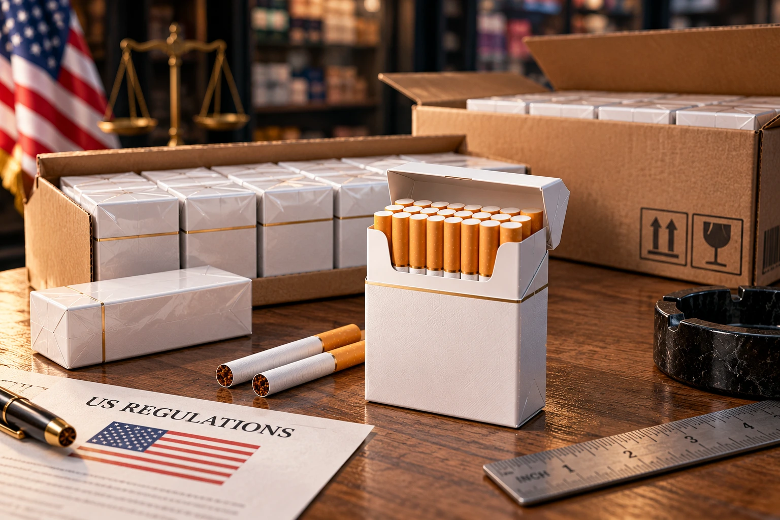 Open 20-count flip-top cigarette pack beside cartons and a US regulations document, showing what a compliant US cigarette pack needs