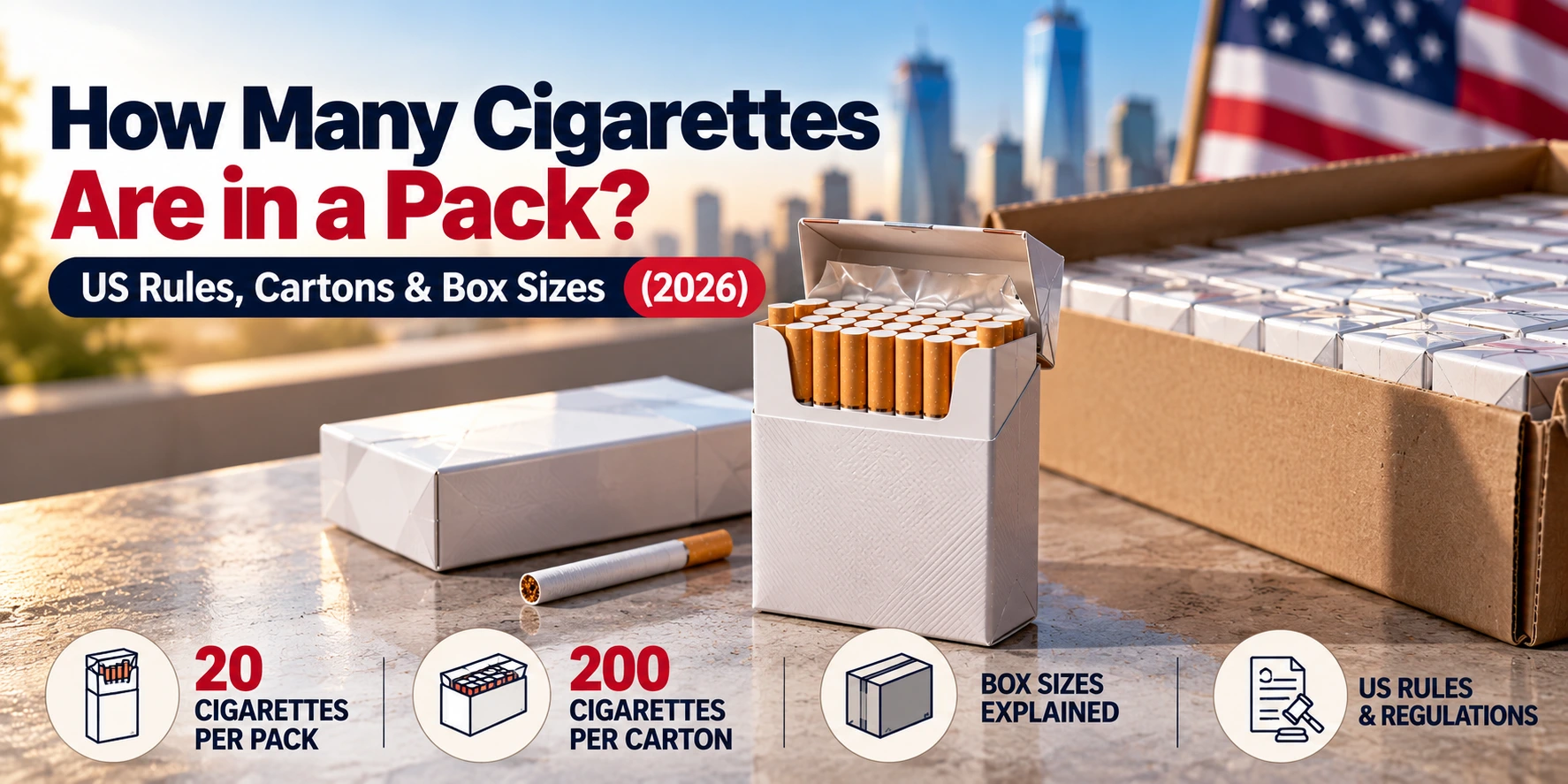How many cigarettes in a pack: an open 20-count flip-top pack next to a carton of 10 packs